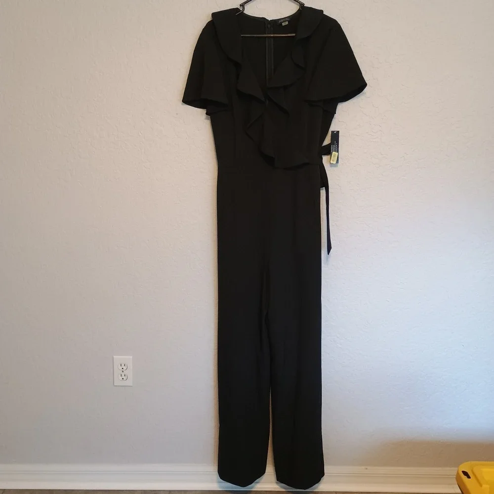 NWT Tahari Arthur S Levine Black Jumpsuit Size 16 Ruffle Wide Leg 8220M952